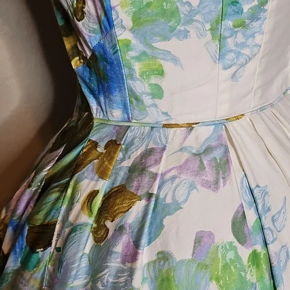 True Vintage Alix Of Miami 1950s Fit And Flare Floral Dress Blue, Green Cupcake - Picture 11 of 17